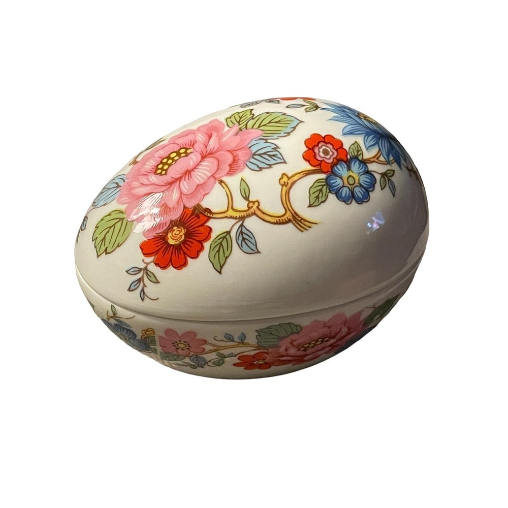 Vintage Limoges France Porcelain Egg Trinket Box Floral‎ Motif Lidded Pink Blue